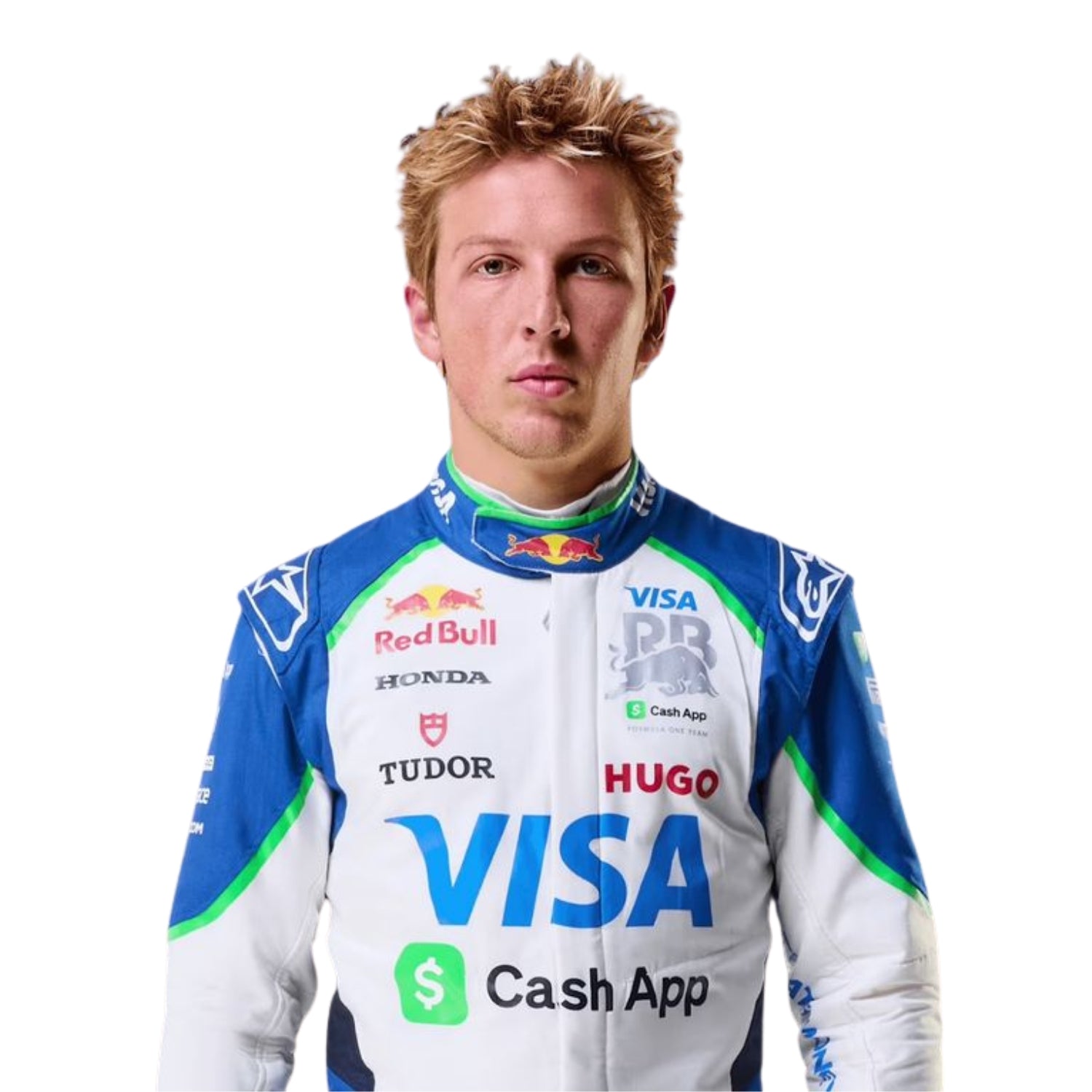 Close up Liam Lawson 2025 Visa Cash App Edition F1 Race Suit