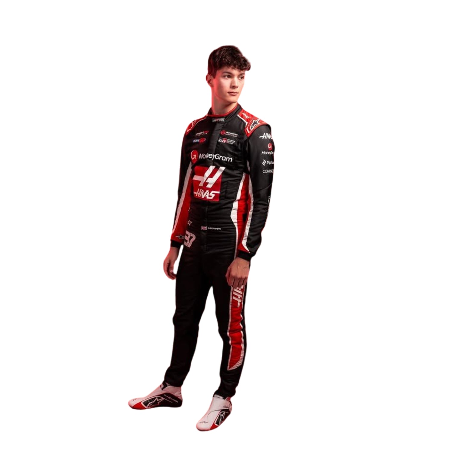 Oliver Bearman 2025 Haas F1 Racing Suit Front View, White and Red Design with Haas and Sponsor Logos