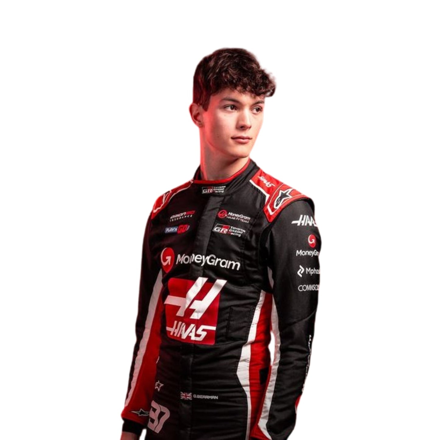 Oliver Bearman 2025 Haas F1 Racing Suit Detail Shot, Embroidered Sponsor Logos and Team Colors