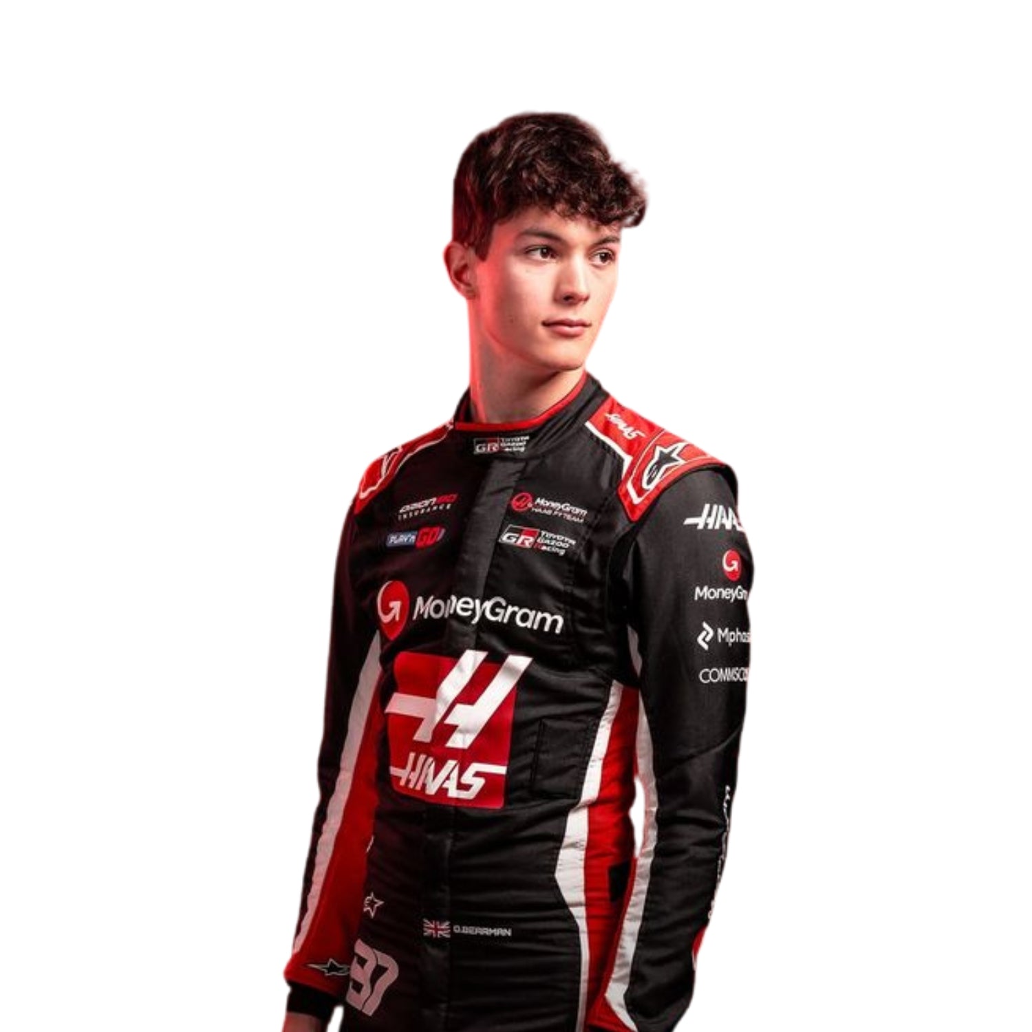 Oliver Bearman 2025 Haas F1 Racing Suit Detail Shot, Embroidered Sponsor Logos and Team Colors
